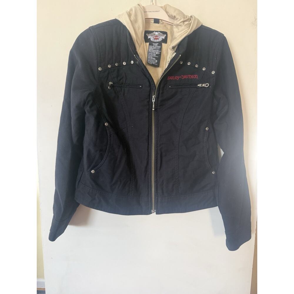 Harley Davidson Unisex Hoodie Lined Moto Jacket With Rivet Logo Black Sz S EUC
